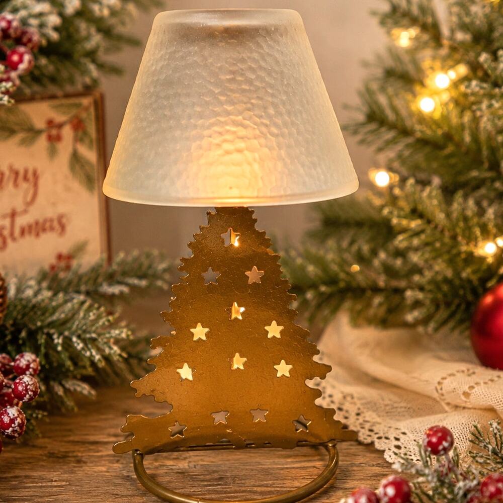 Christmas Tree Tealight Candle Holder Frosted Glass Shade 7" Vintage Gold Metal